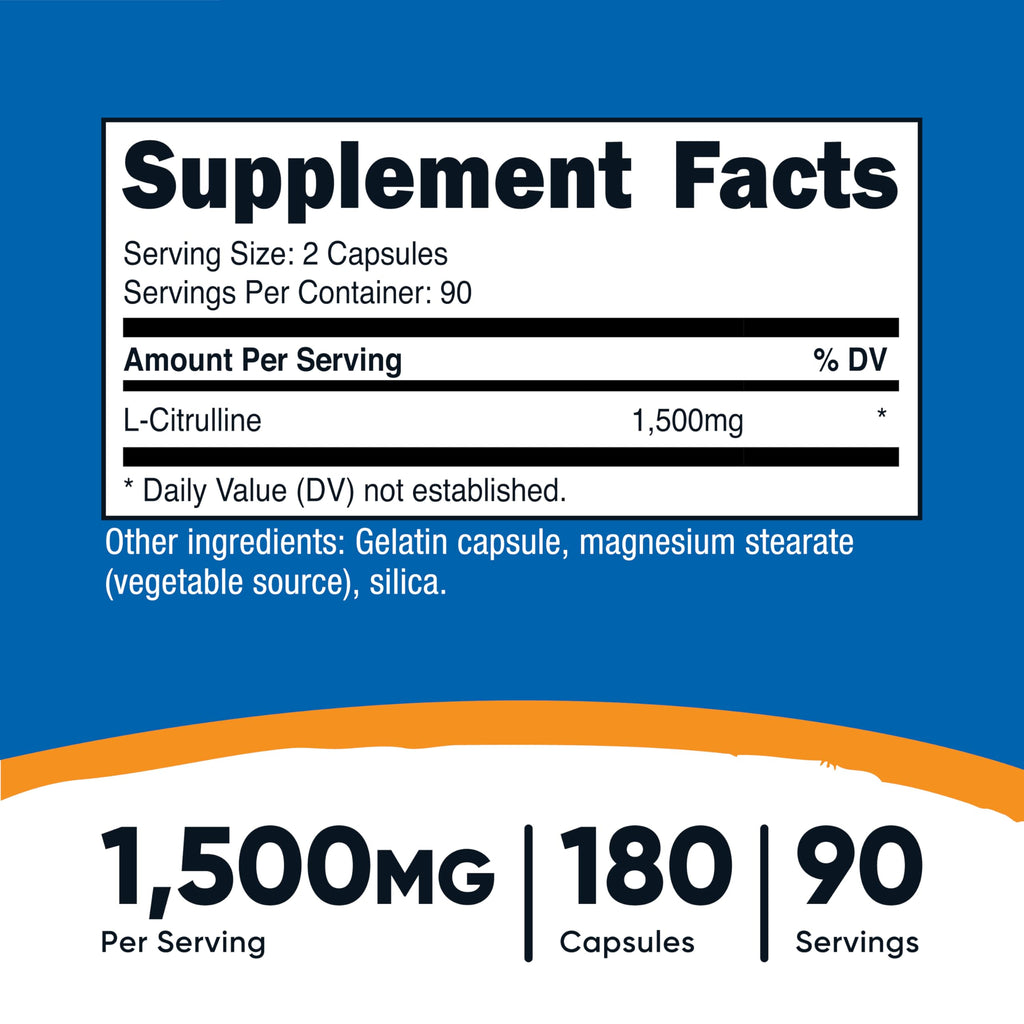 Nutricost L-Citrulline 1500mg – 180 Capsules | 750mg/Cap | Gluten Free, Non-GMO | Packaging May Vary