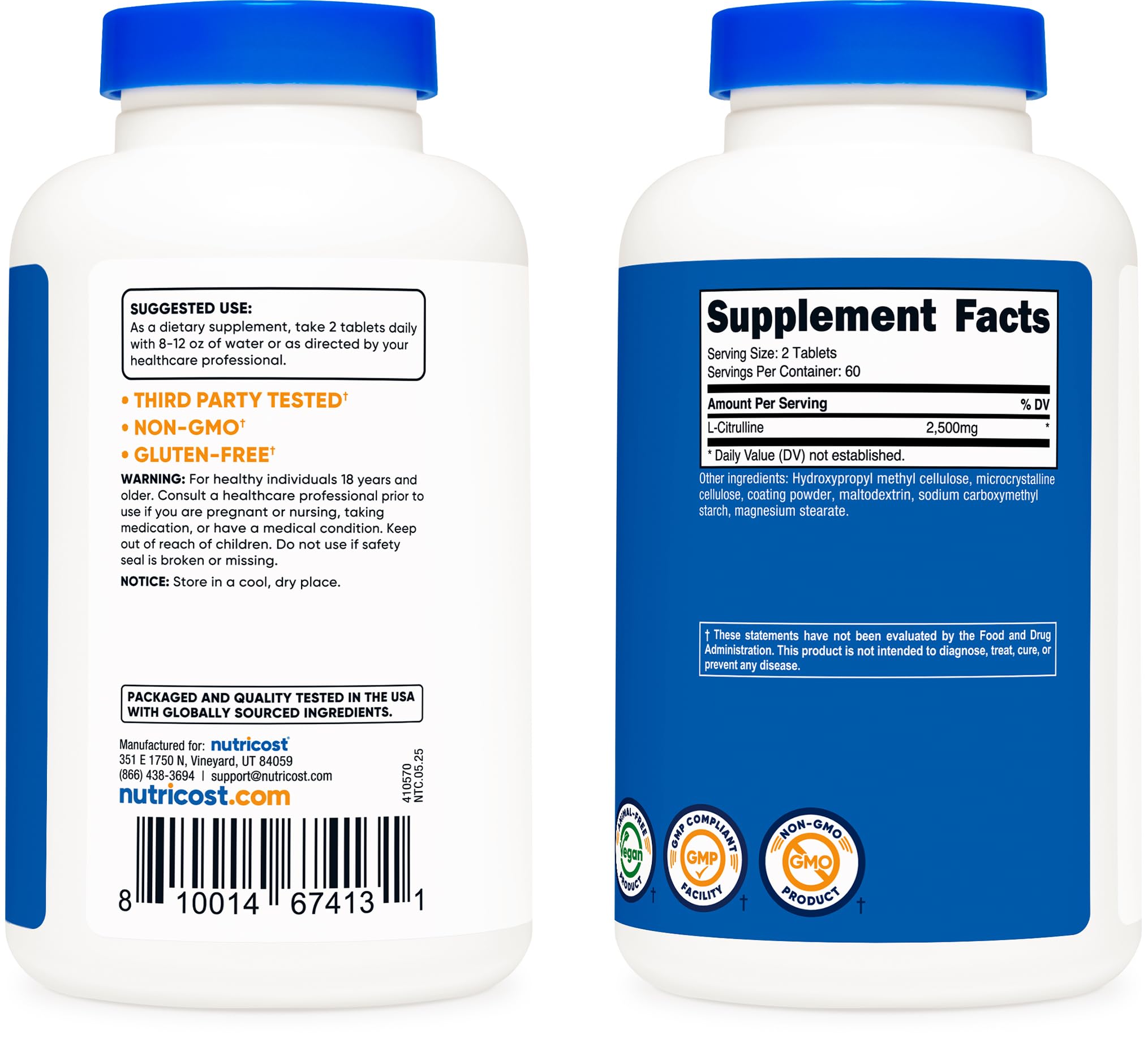 Nutricost L-Citrulline 2500mg - 60 Servings | 120 Tablets - Non-GMO & Gluten Free