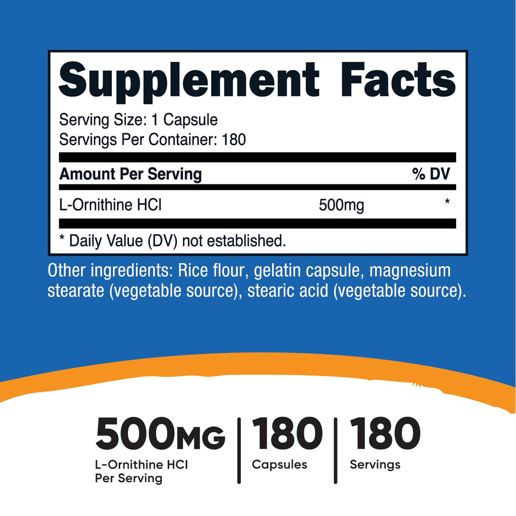 Nutricost L-Ornithine 500mg - 180 Capsules | Non-GMO & Gluten Free
