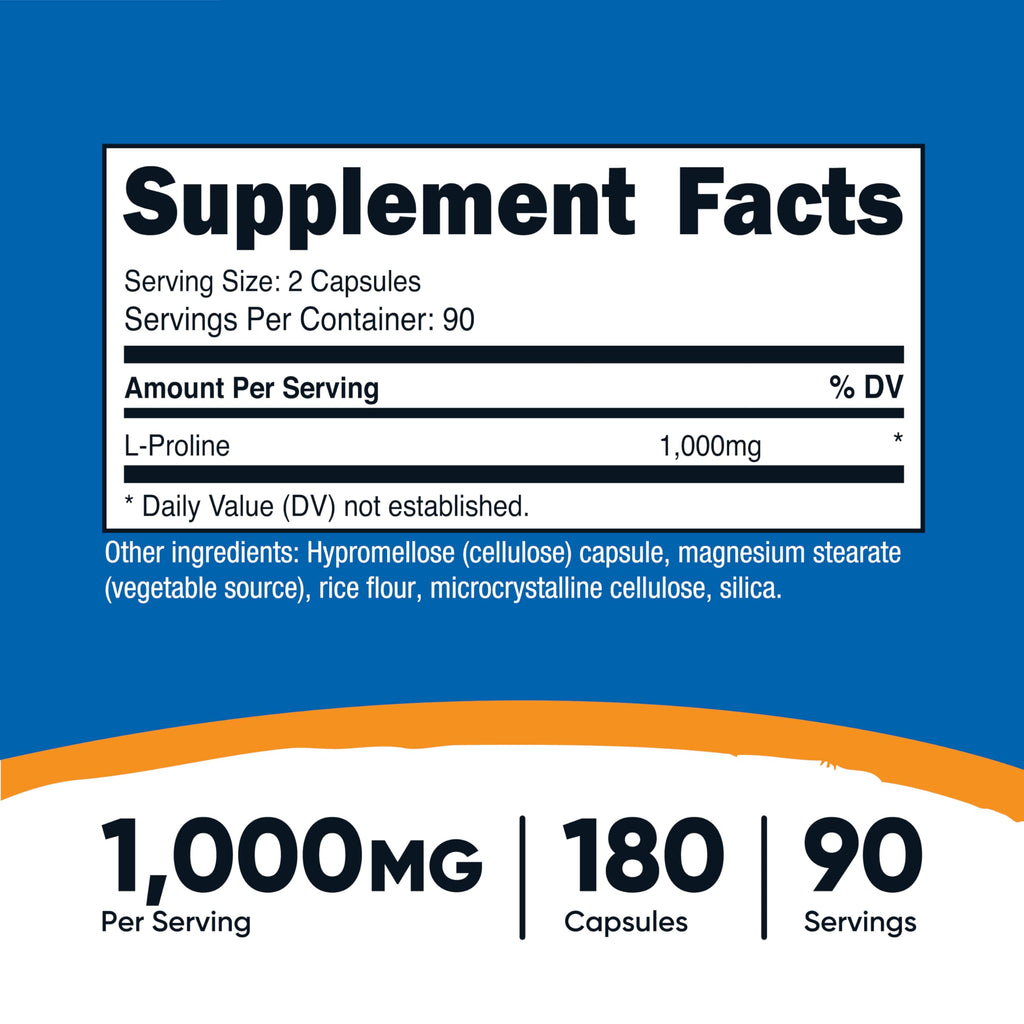 Nutricost L-Proline 1000mg - 180 Capsules (90 Servings) - Non-GMO, Gluten Free