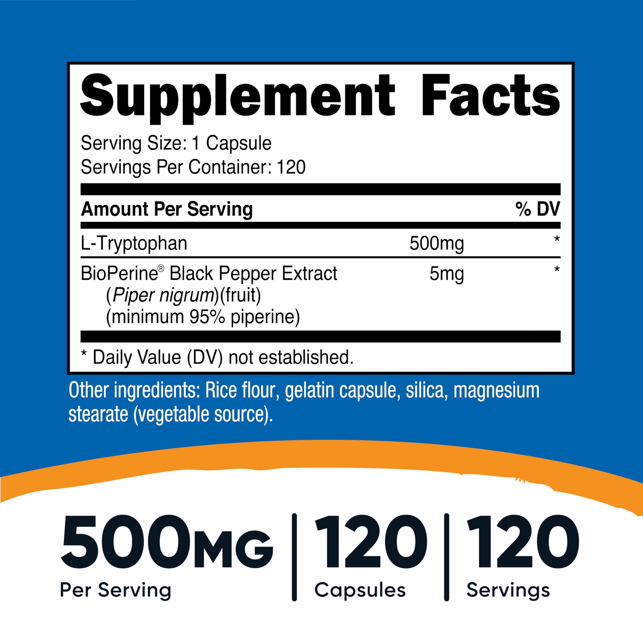 Nutricost L-Tryptophan 500mg – 120 Capsules per Bottle, with BioPerine, Gluten Free, Non-GMO (Pack of 2)
