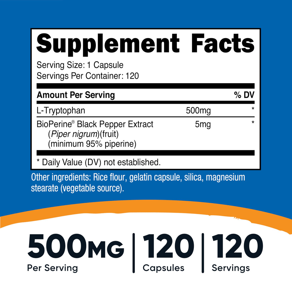 Nutricost L-Tryptophan 500mg – 120 Capsules per Bottle, with BioPerine, Gluten Free, Non-GMO (Pack of 2)