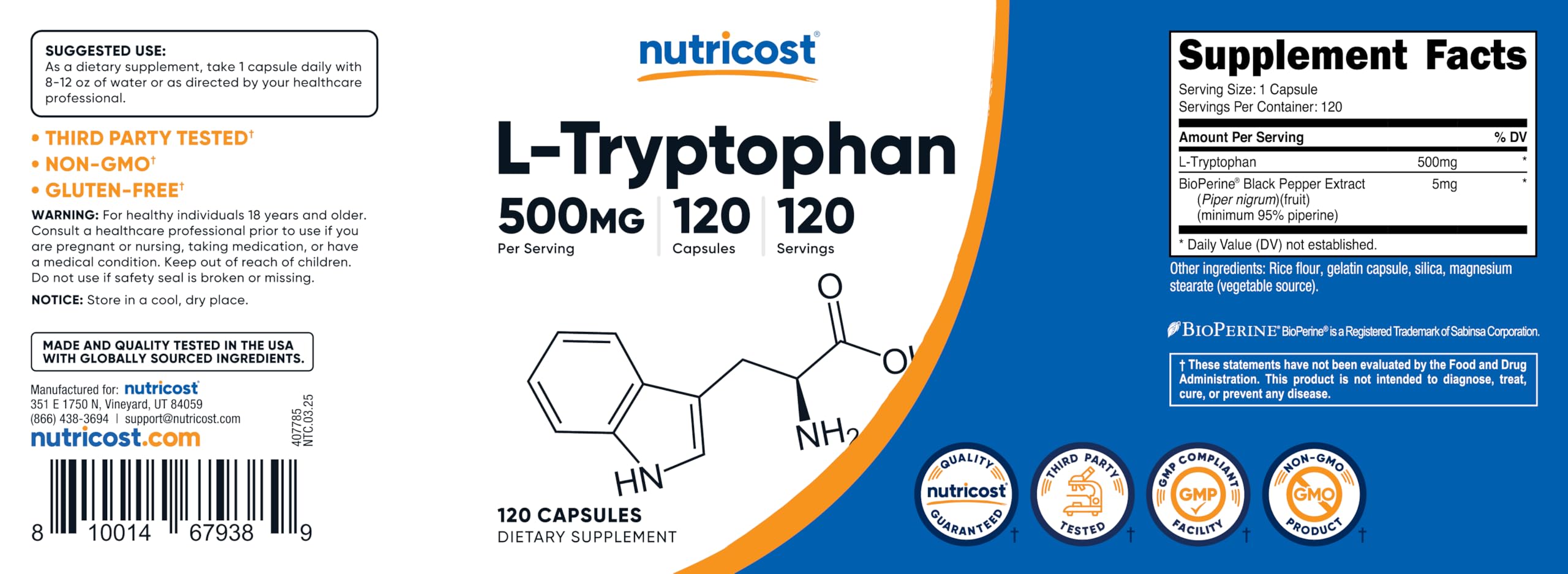 Nutricost L-Tryptophan 500mg – 120 Capsules per Bottle, with BioPerine, Gluten Free, Non-GMO (Pack of 2)