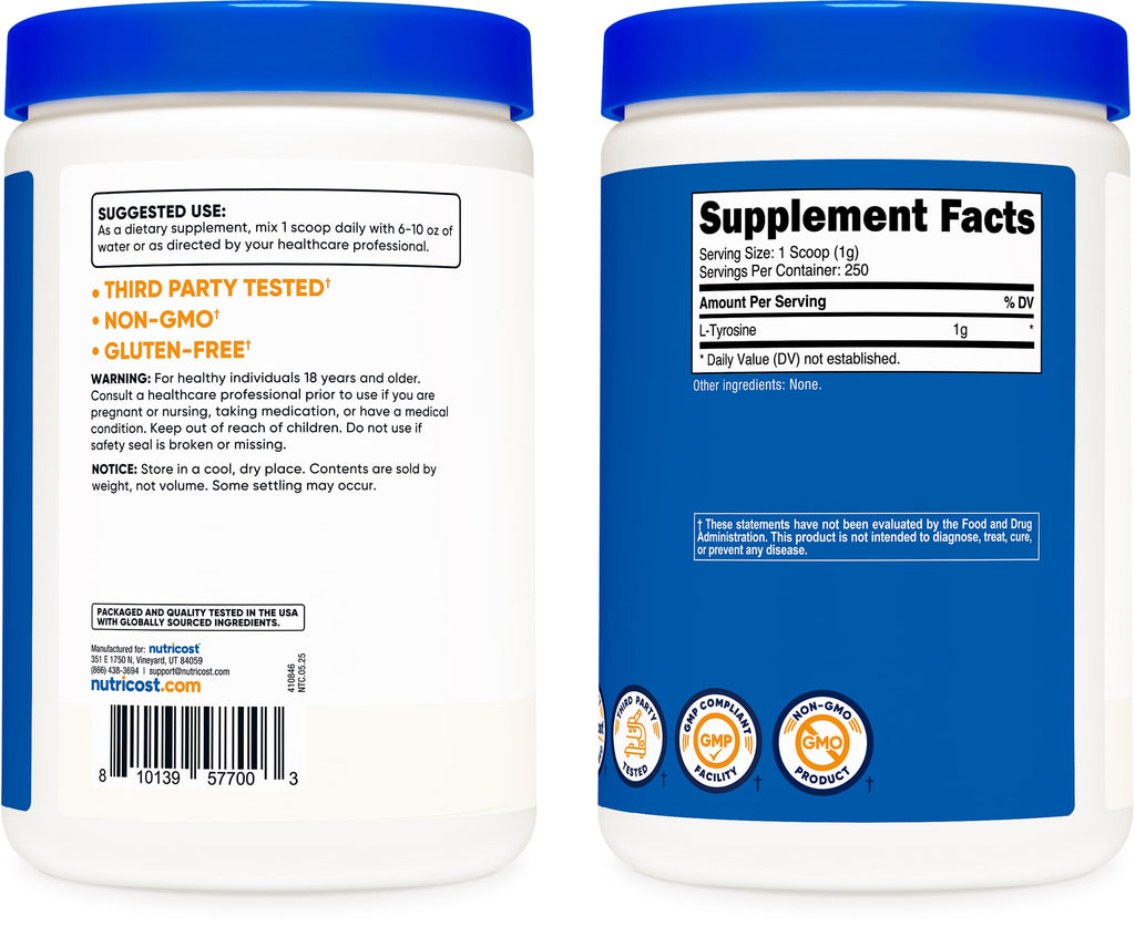 Nutricost L-Tyrosine Powder 250g – Pure L-Tyrosine 1000mg per Serving