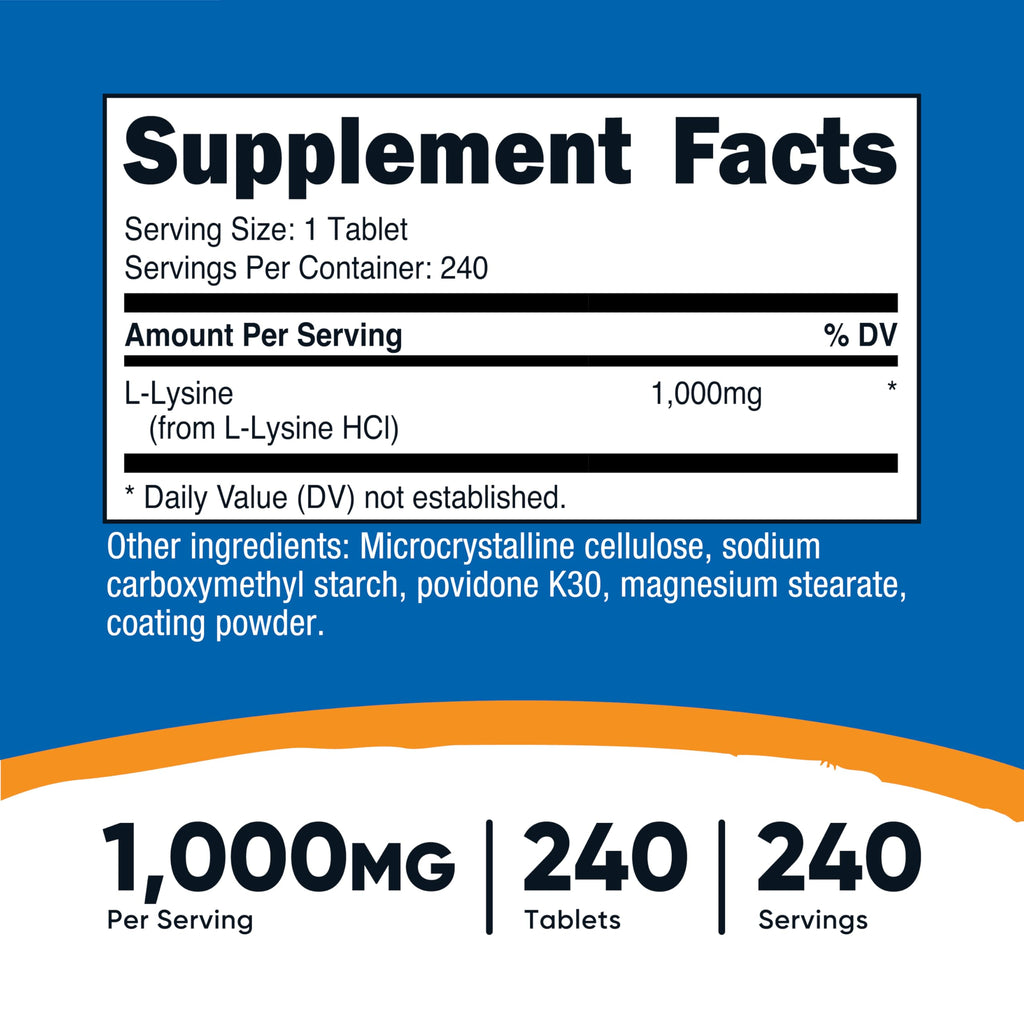 Nutricost L-Lysine 1000mg - 240 Servings | Gluten Free, Non-GMO, Vegetarian Friendly