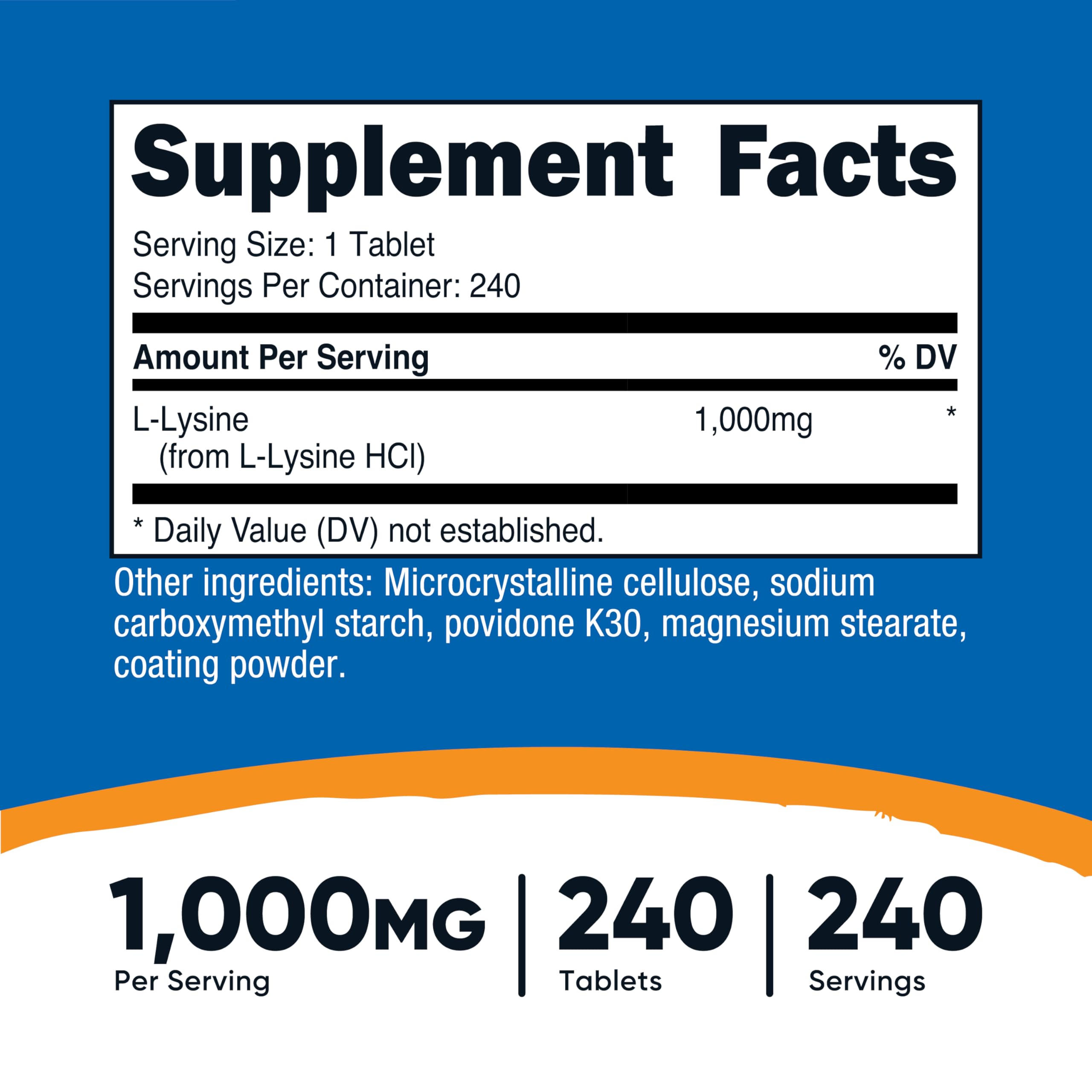 Nutricost L-Lysine 1000mg - 240 Servings | Gluten Free, Non-GMO, Vegetarian Friendly