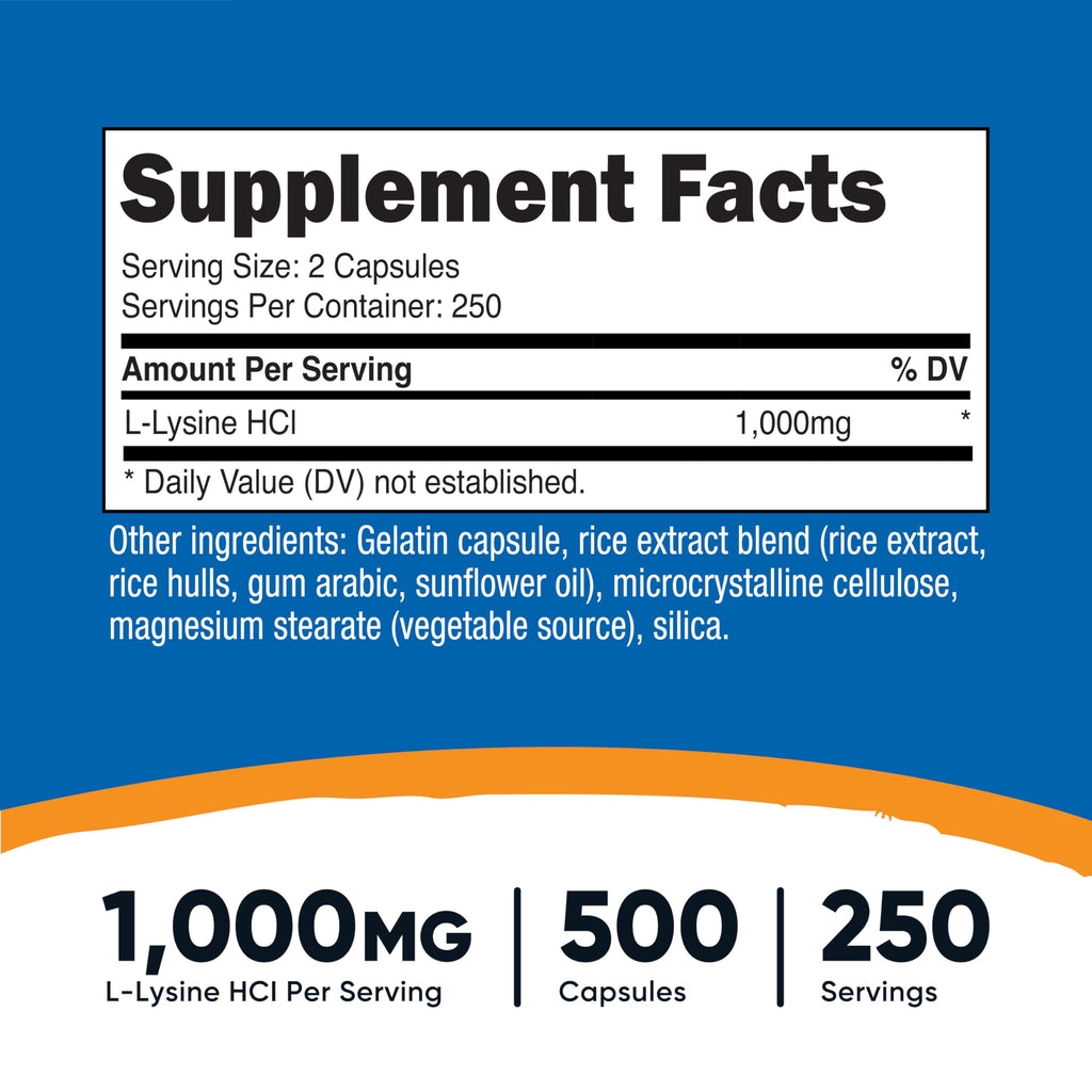 Nutricost L-Lysine 1000mg per Serving – 250 Servings, 500 Capsules – Gluten Free & Non-GMO