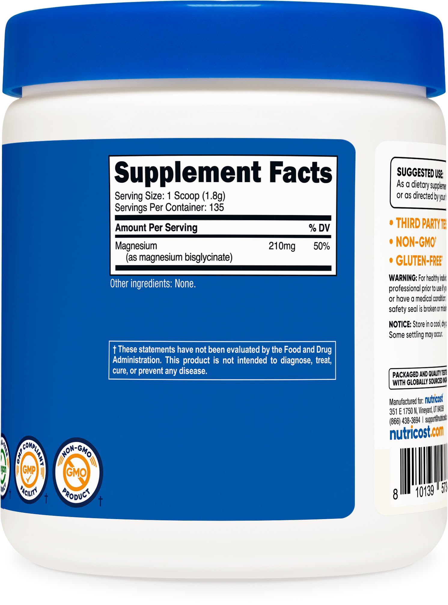 Nutricost Magnesium Bisglycinate Powder (Unflavored, 250g) – Non-GMO, Vegan