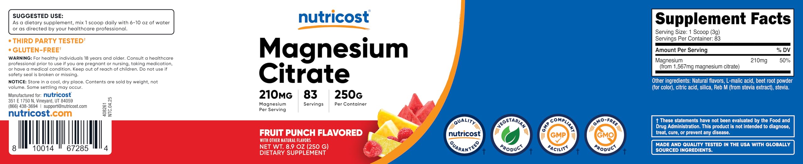 Nutricost Magnesium Citrate Powder – Fruit Punch, 250 g