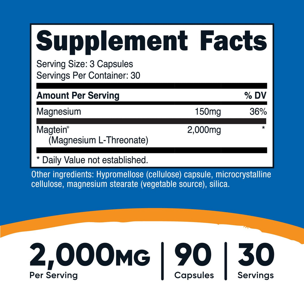 Nutricost Magtein Magnesium L-Threonate 2000mg, 90 Capsules – Gluten Free, Vegetarian