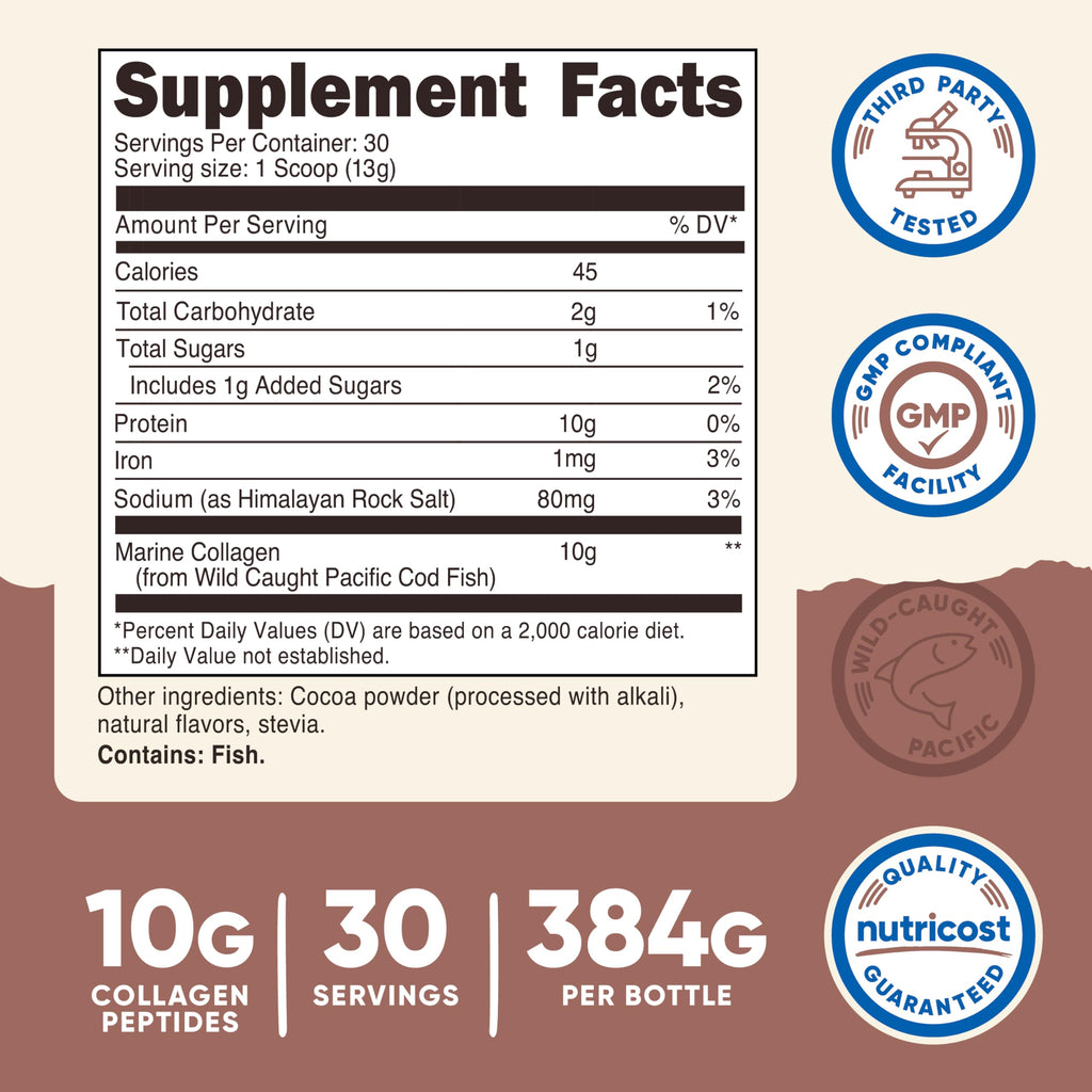 Nutricost Marine Collagen Chocolate Flavor - 30 Servings | Wild-Caught Pacific Cod