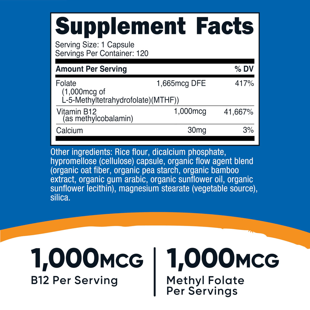 Nutricost Methylated B12 + Folate Supplement – 120 Caps, 1000 mcg B12 + 1000 mcg Methyl Folate, Gluten-Free