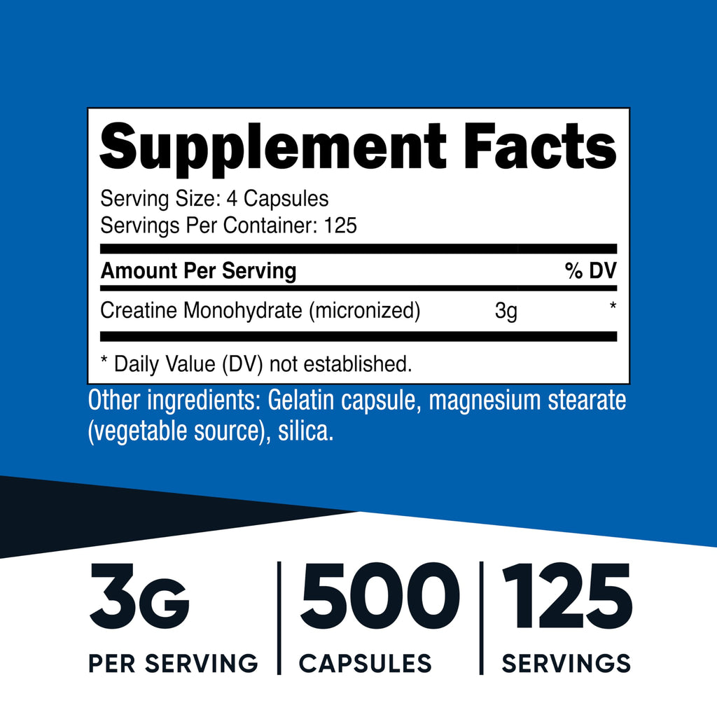 Nutricost Micronized Creatine Monohydrate 750mg Capsule | 125 Servings, 500 Capsules