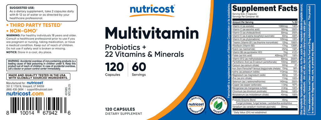 Nutricost Multivitamin with Probiotics – 120 Vegetarian Capsules | Packed with Vitamins & Minerals