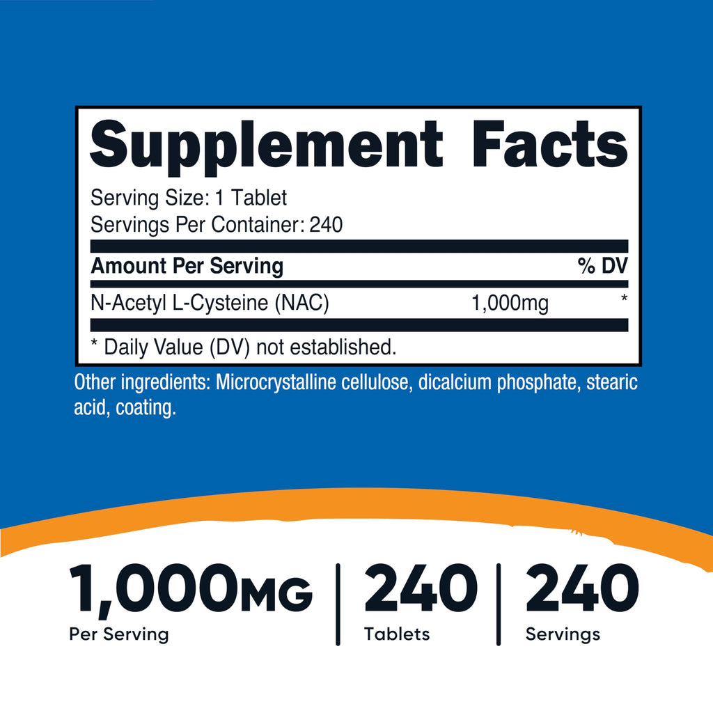 Nutricost NAC 1000 mg – Vegan, Gluten Free, GMO Free | 240 Tablets