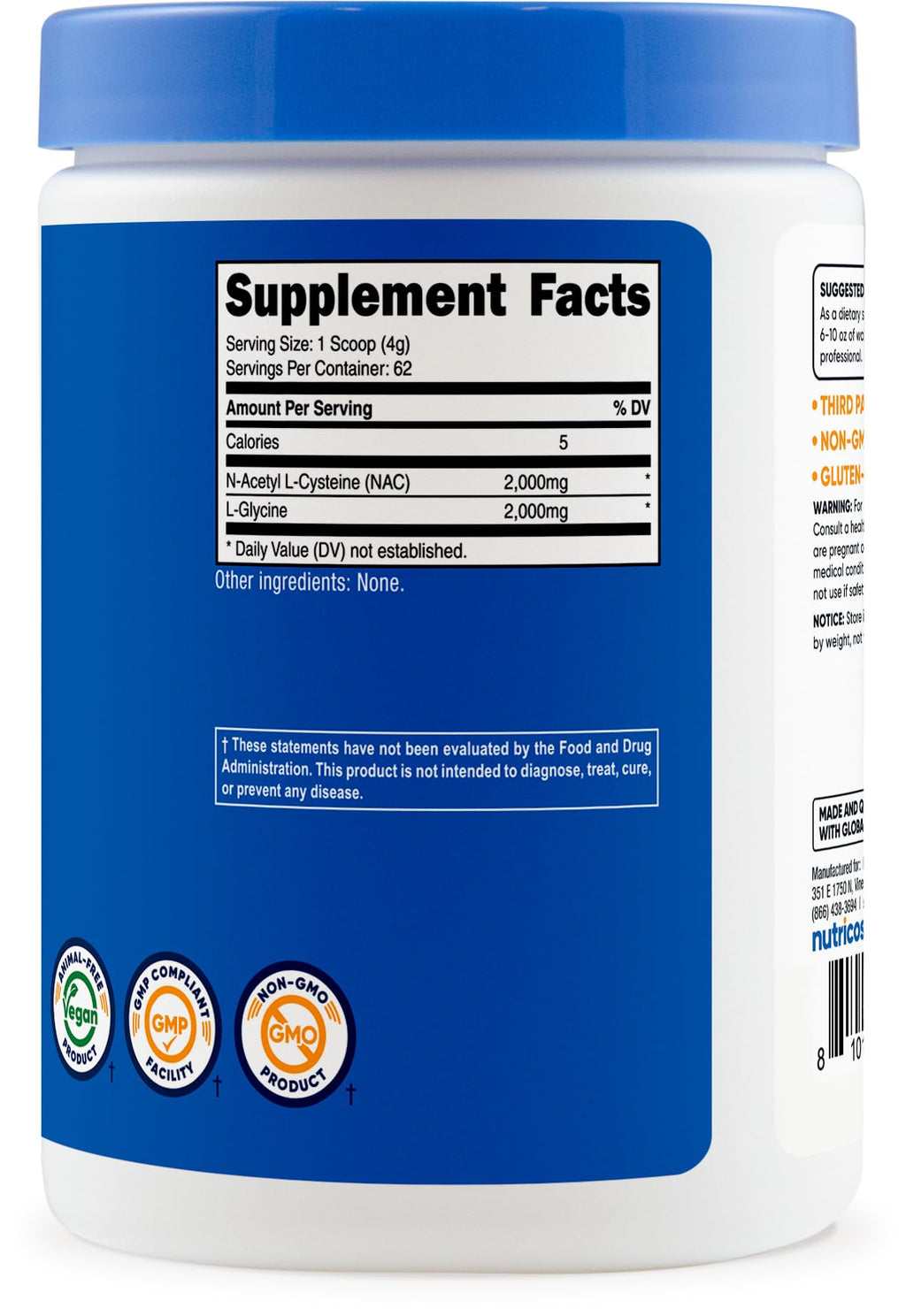 Nutricost NAC + Glycine Powder (250g) Unflavored – 62 Servings, 2000mg NAC + 2000mg Glycine