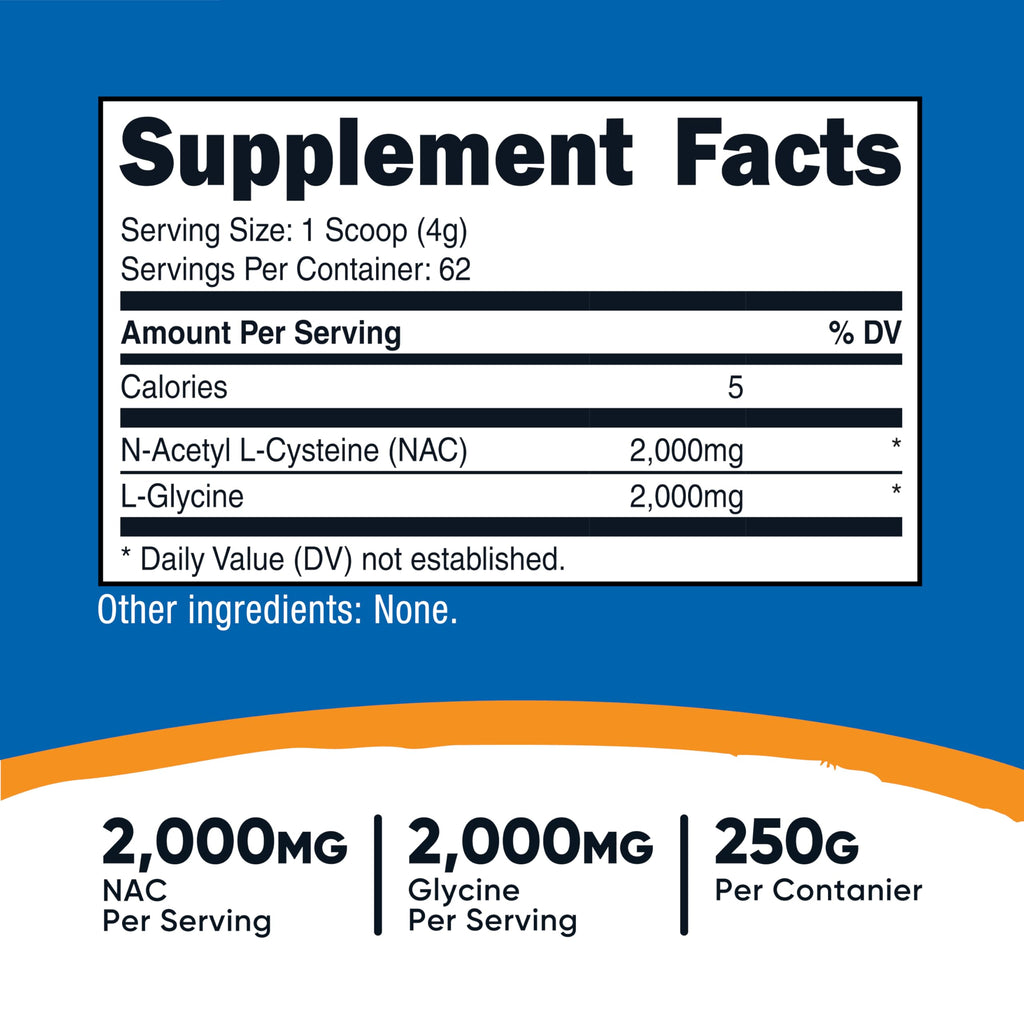 Nutricost NAC + Glycine Powder (250g) Unflavored – 62 Servings, 2000mg NAC + 2000mg Glycine
