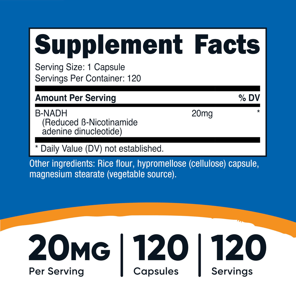 Nutricost NADH Supplement (20mg) 120 Capsules - Vegan, Gluten-Free | B-Nicotinamide Adenine Dinucleotide