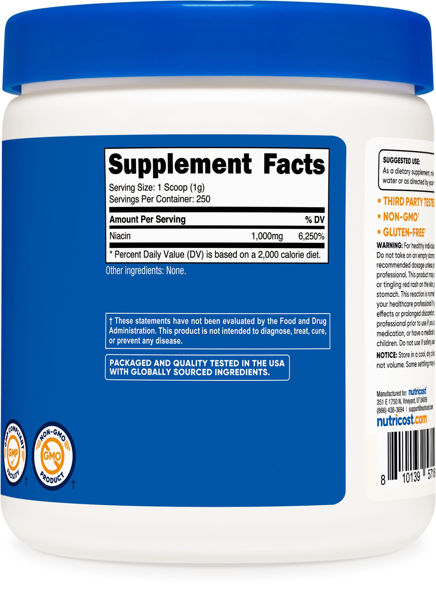Nutricost Niacin Vitamin B3 Powder 250g – 1g Per Serving – May Cause Flush