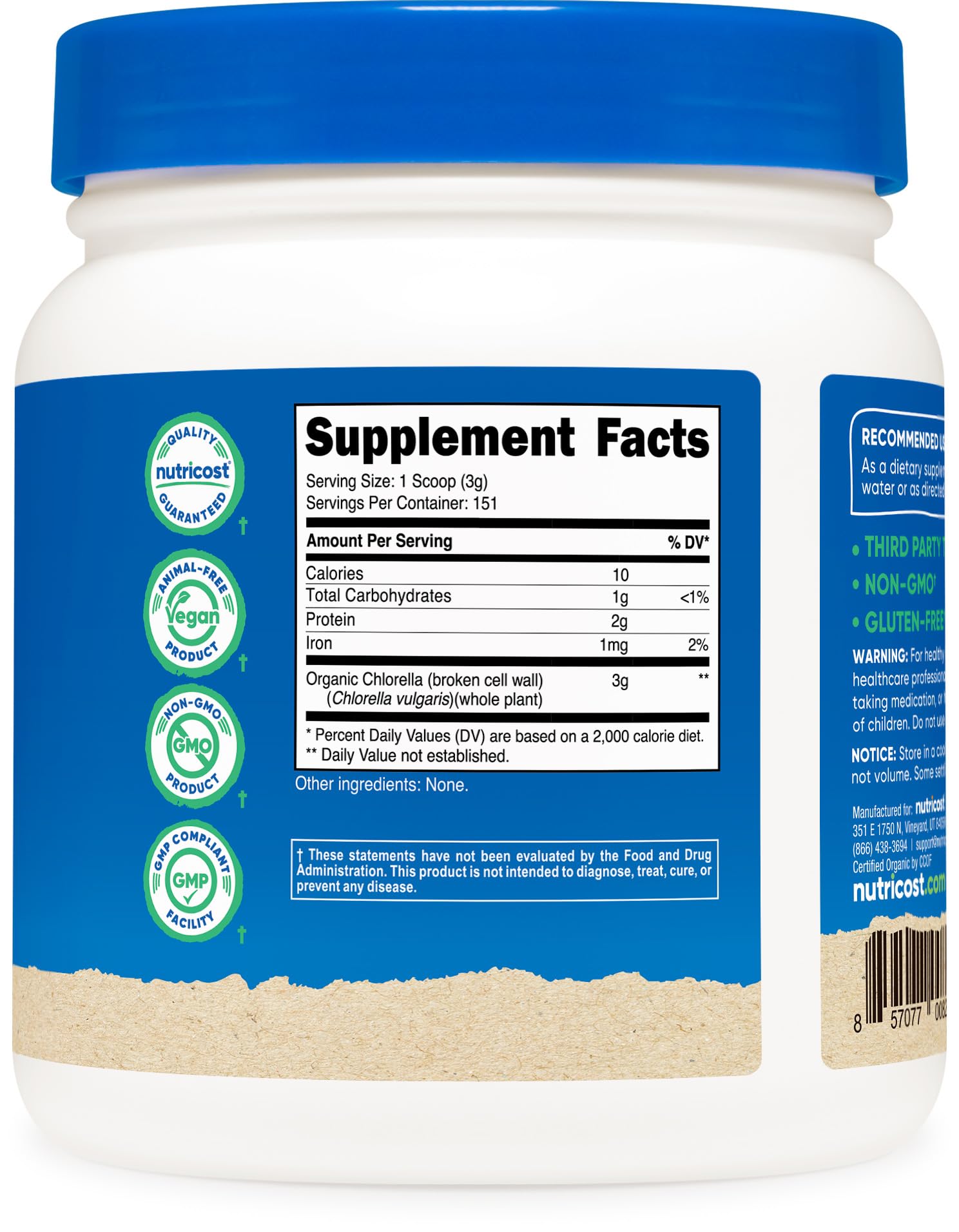 Nutricost Organic Chlorella Powder 16oz (1LB) – 3g Per Serving | Non-GMO, Gluten Free, 3rd Party Tested