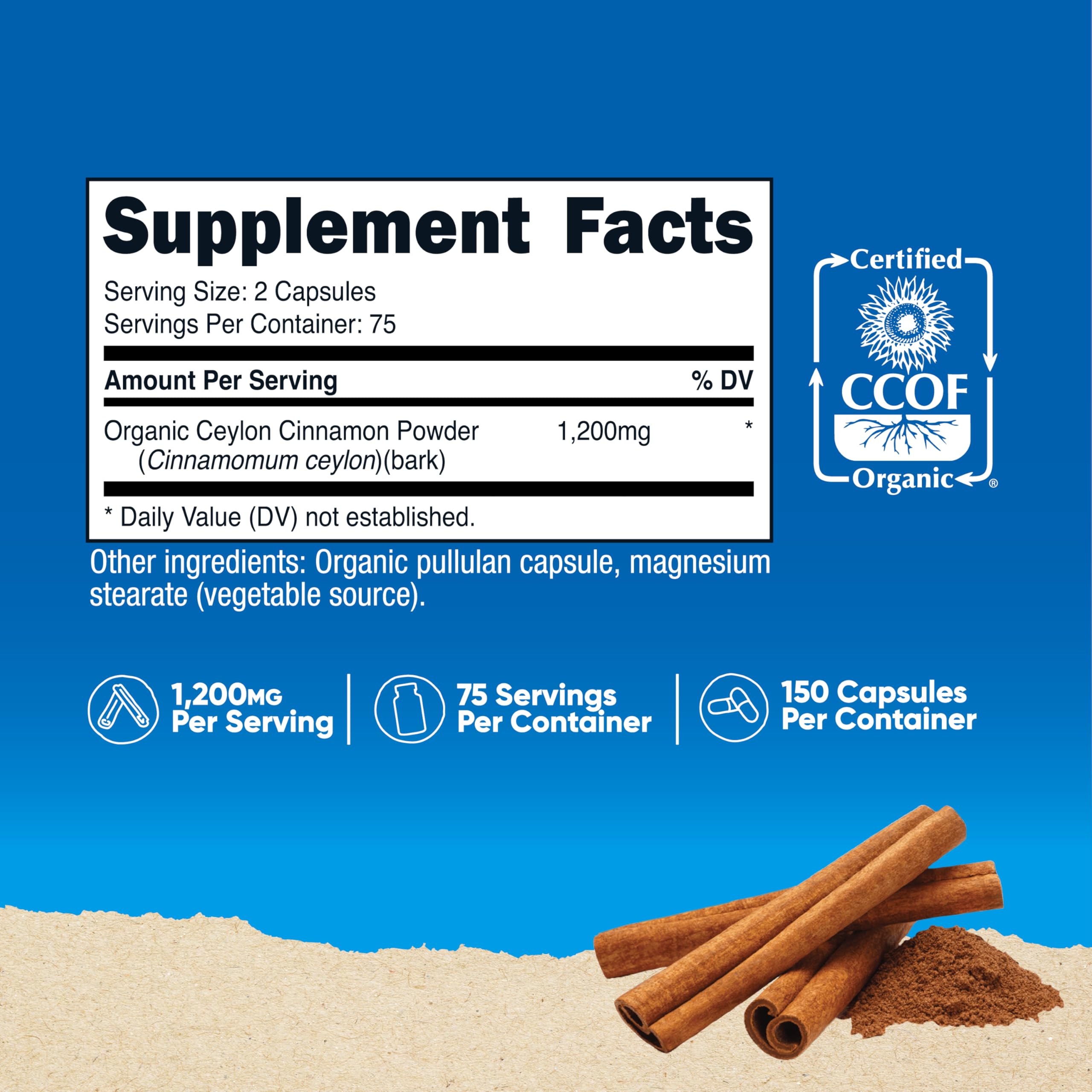 Nutricost Organic Cinnamon (Ceylon) 1200mg – 150 Veg Capsules | Gluten Free & Non-GMO
