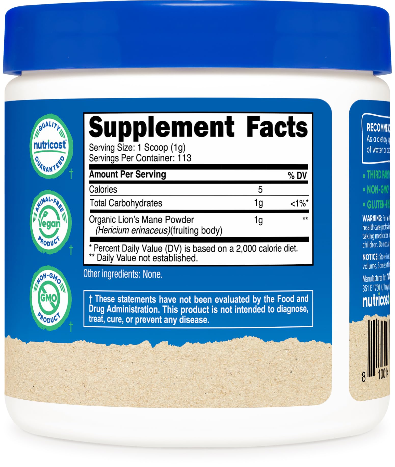 Nutricost Organic Lion's Mane Mushroom Powder 4oz | USDA Organic