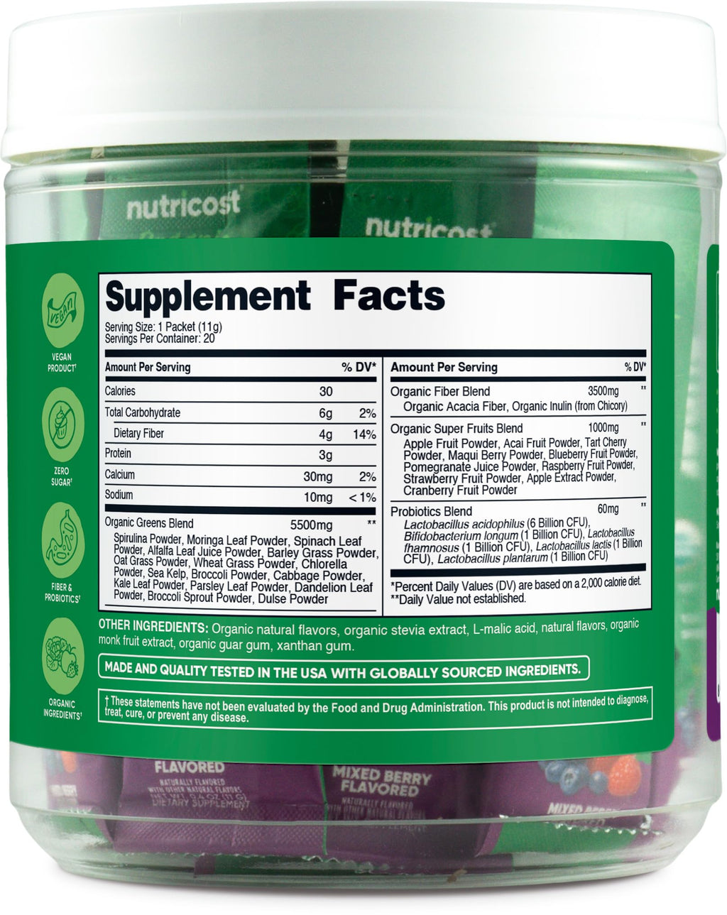 Nutricost Organic Super Greens (Mixed Berry) - 20 Stickpacks, Gluten-Free & GMO-Free