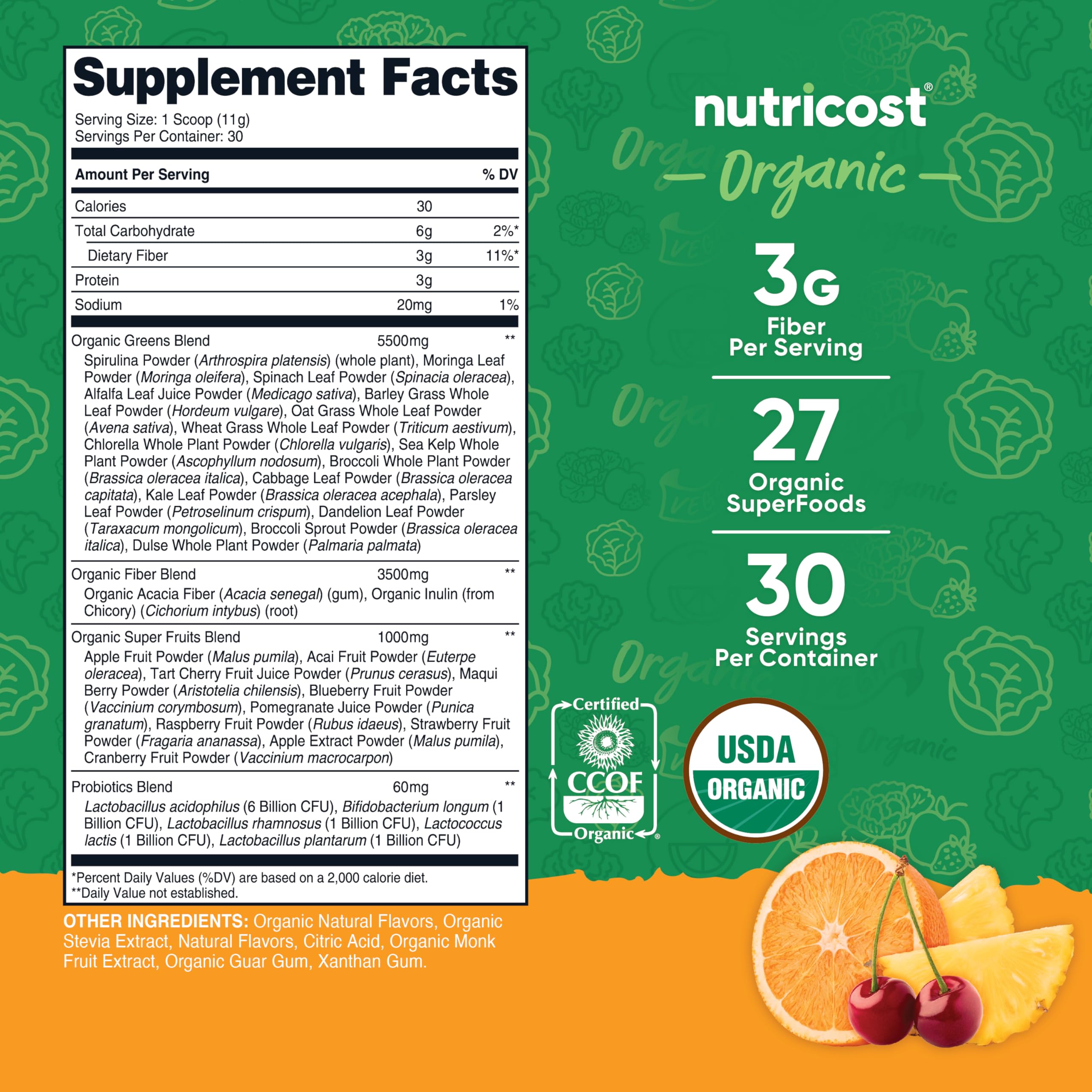 Nutricost Organic Super Greens Powder – Orange Sunrise (30 Servings)