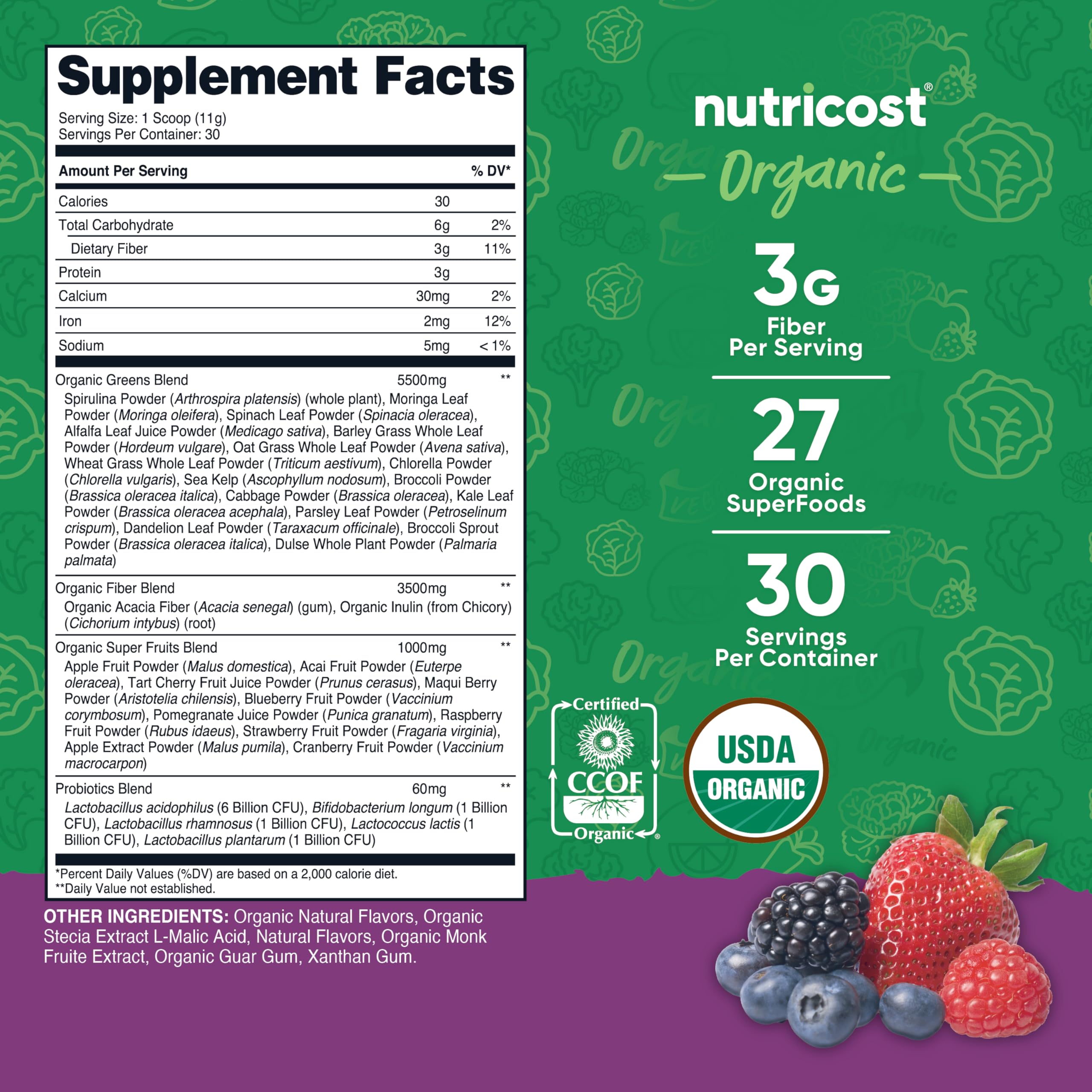 Nutricost Organic Super Greens Powder - Mixed Berry (30 Servings) | Vegan & USDA Organic