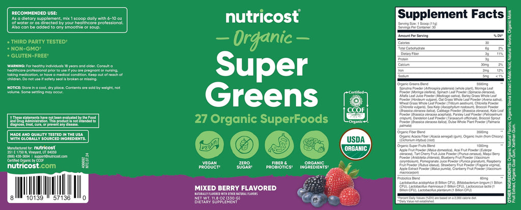 Nutricost Organic Super Greens Powder - Mixed Berry (30 Servings) | Vegan & USDA Organic