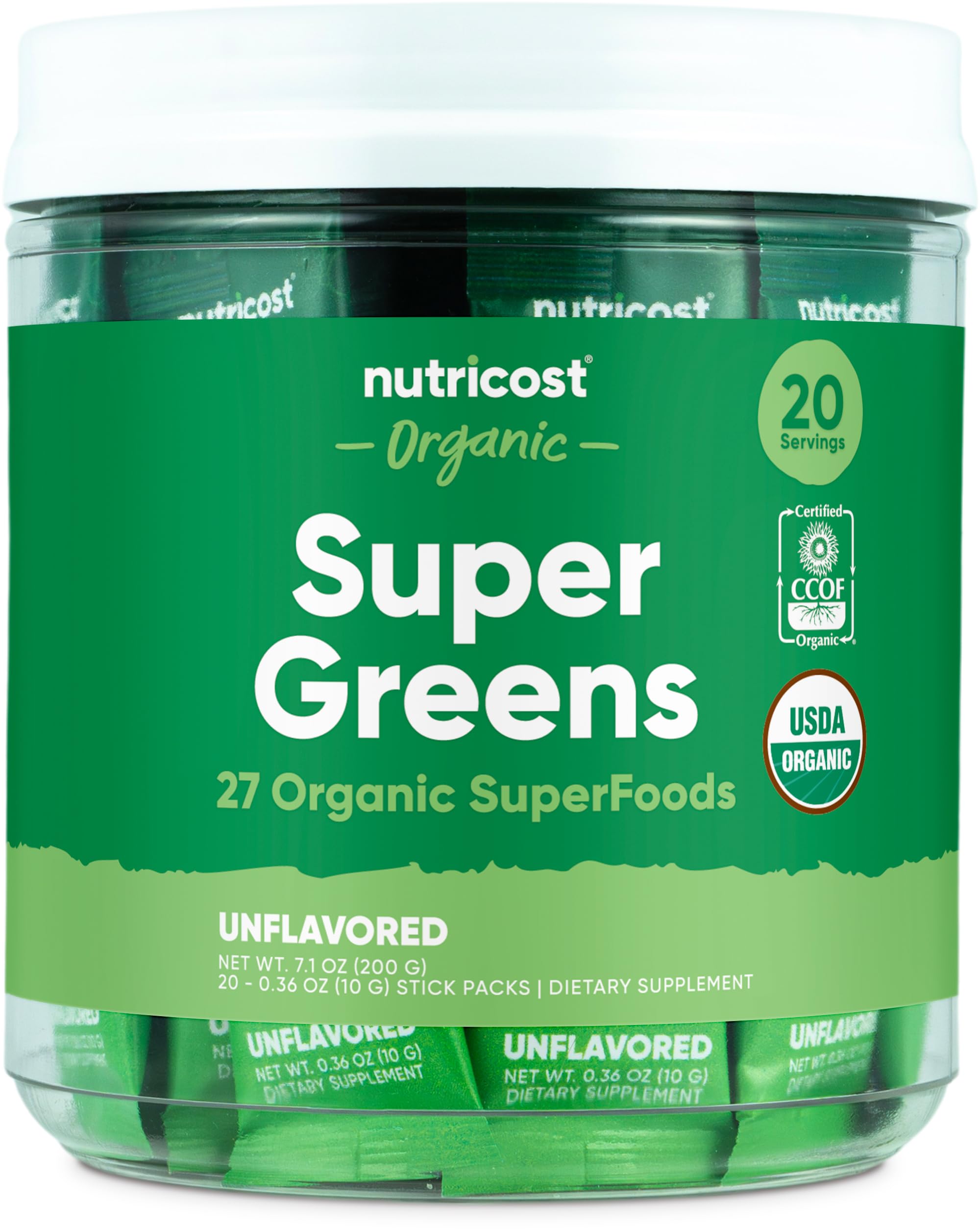Nutricost Organic Super Greens (Unflavored) – 20 Stick Packs | Gluten-Free, Non-GMO