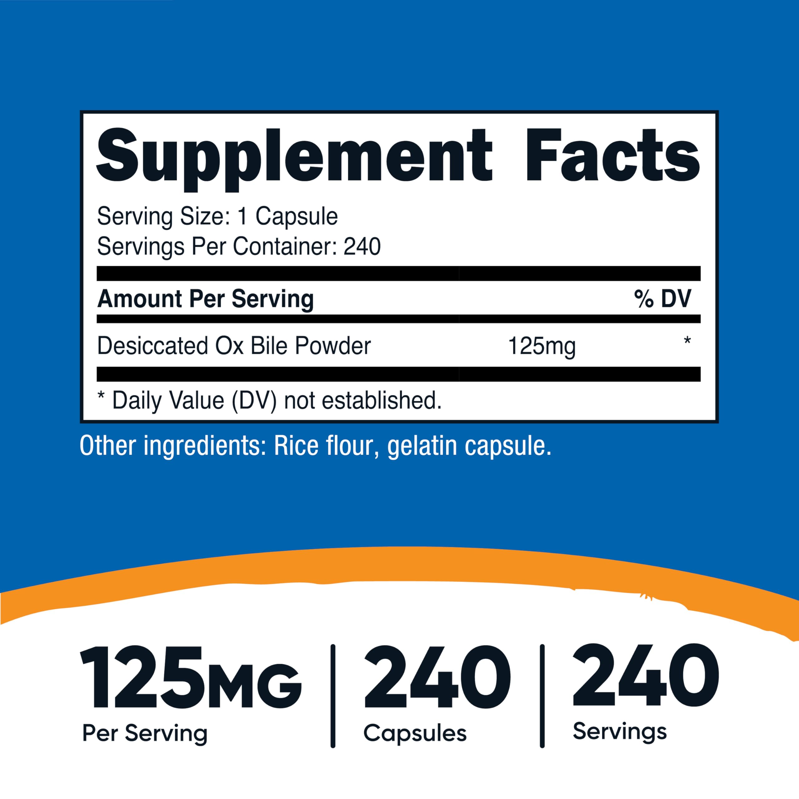 Nutricost Ox Bile Capsules 125mg, 240 Capsules - Non-GMO