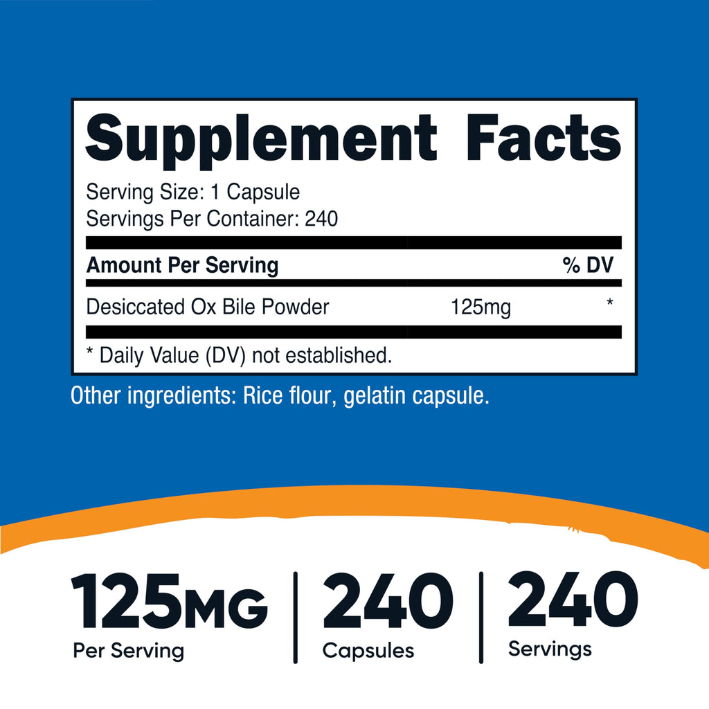 Nutricost Ox Bile Capsules 125mg, 240 Capsules - Non-GMO