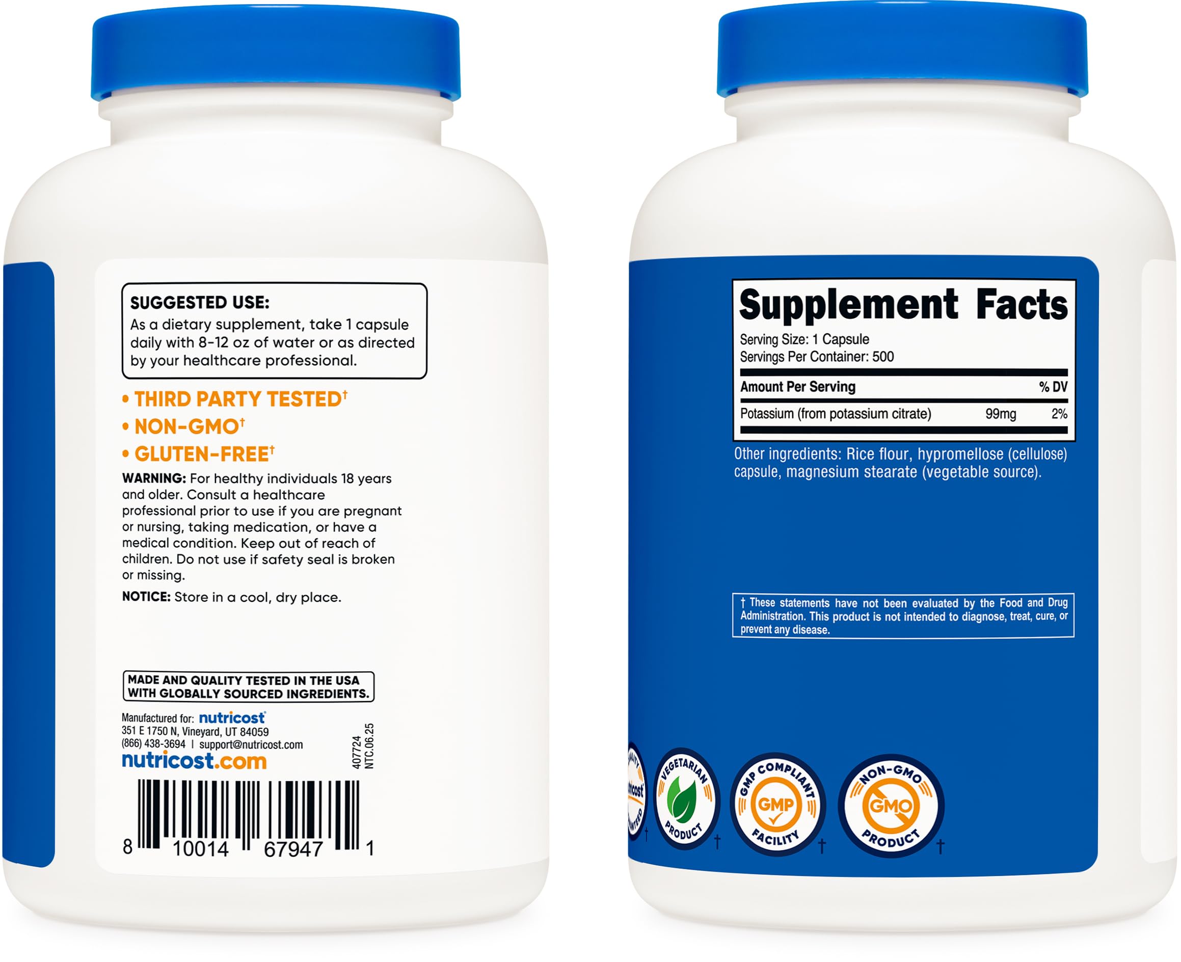 Nutricost Potassium Citrate 99mg – 500 Capsules