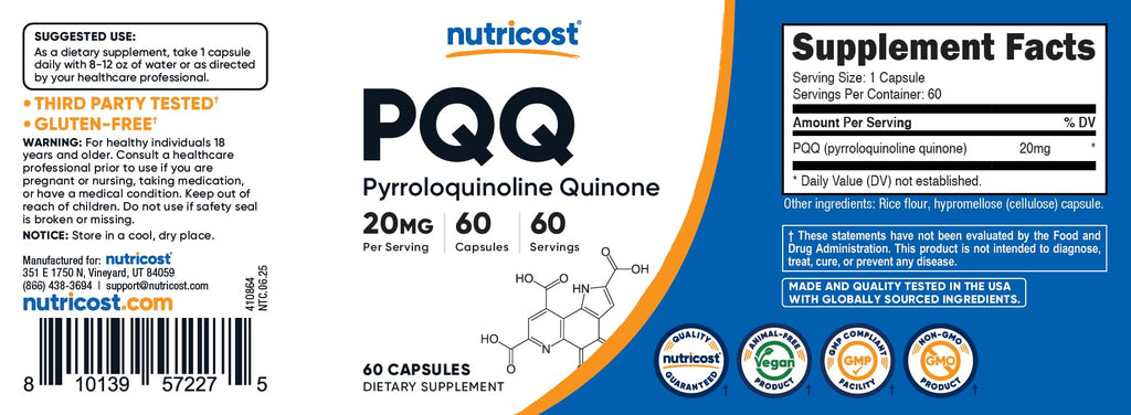 Nutricost PQQ 20mg (Pyrroloquinoline Quinone) – 60 Vegetarian Capsules – Non-GMO, Gluten Free