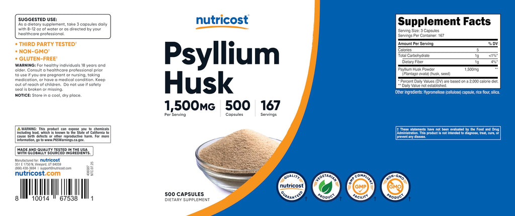 Nutricost Psyllium Husk 1500mg per Serving – 500 Capsules | Non-GMO & Gluten Free