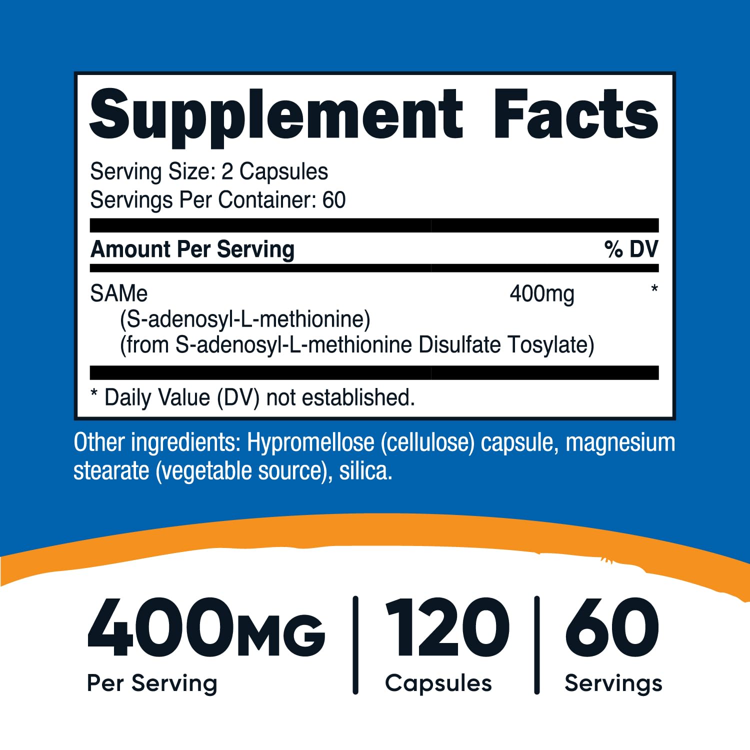 Nutricost SAM-e (S-Adenosyl-L-Methionine) 400mg - 60 Servings, 120 Veggie Capsules, Non-GMO, Gluten Free, Vegetarian