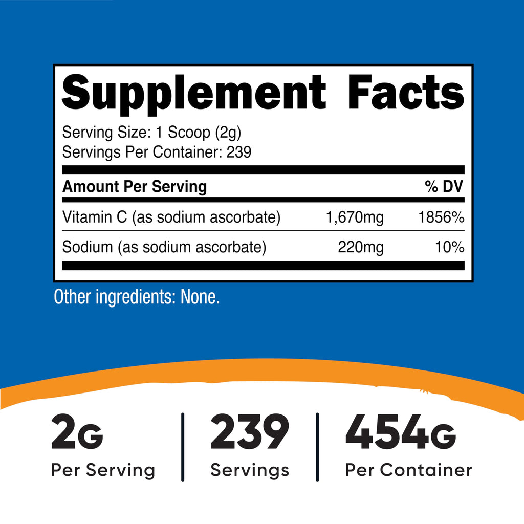 Nutricost Sodium Ascorbate Powder (1 lb) Unflavored – 2 g per Serving, Vegan, GMO-Free, Gluten-Free