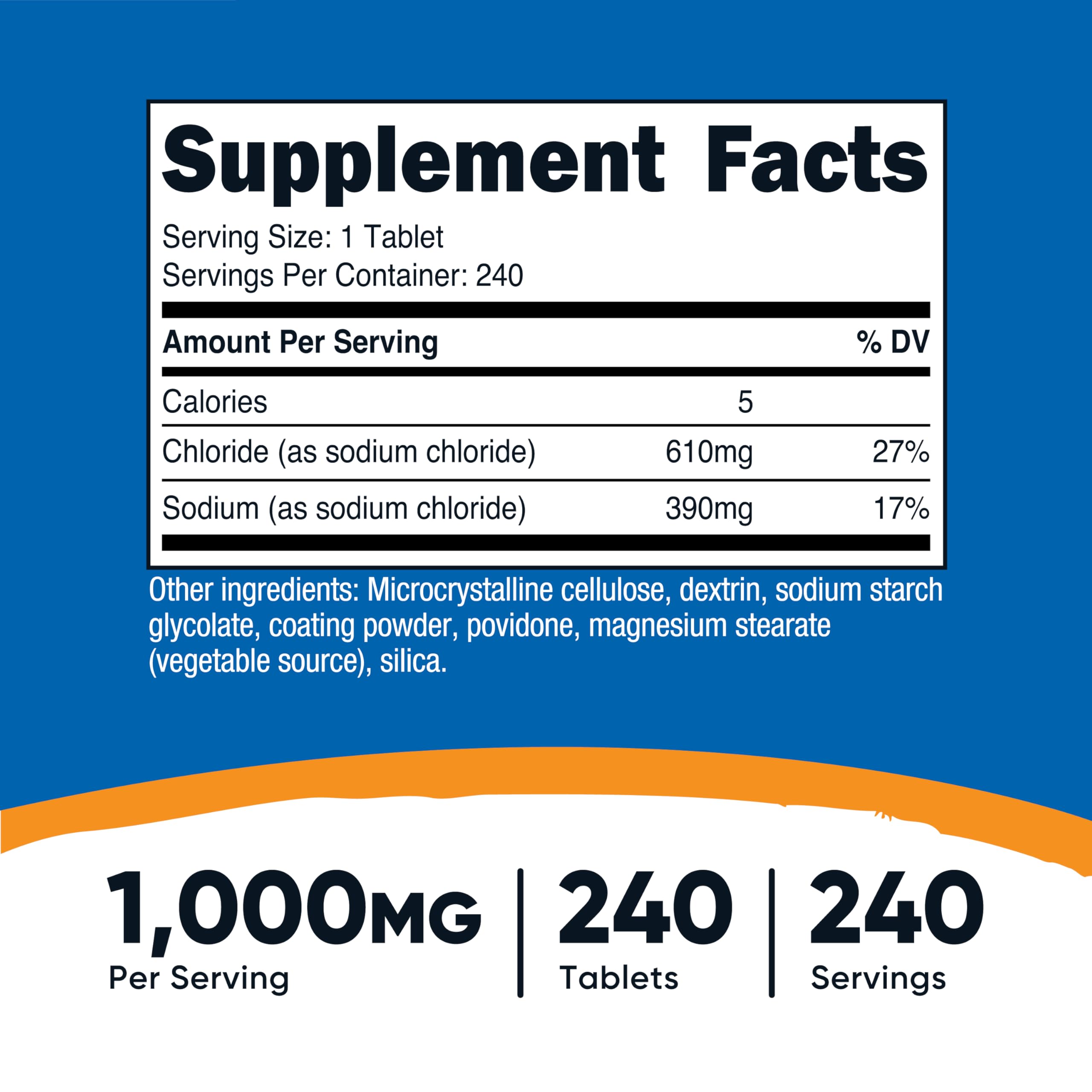 Nutricost Sodium Chloride 1000mg, 240 Tablets  Salt Tablets, Non-GMO, Gluten Free