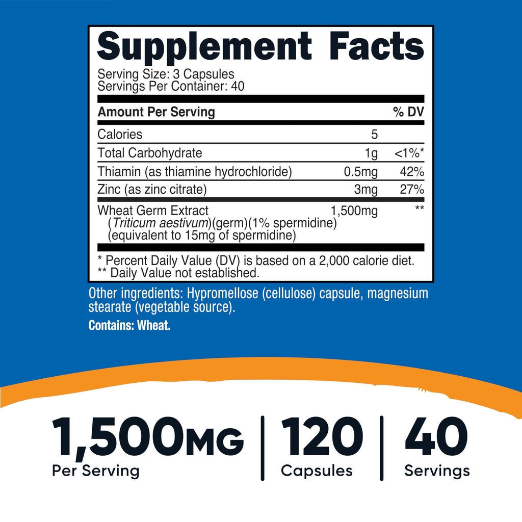 Nutricost Spermidine Wheat Germ Extract Supplement - 1500mg, 120 Capsules, 40 Servings