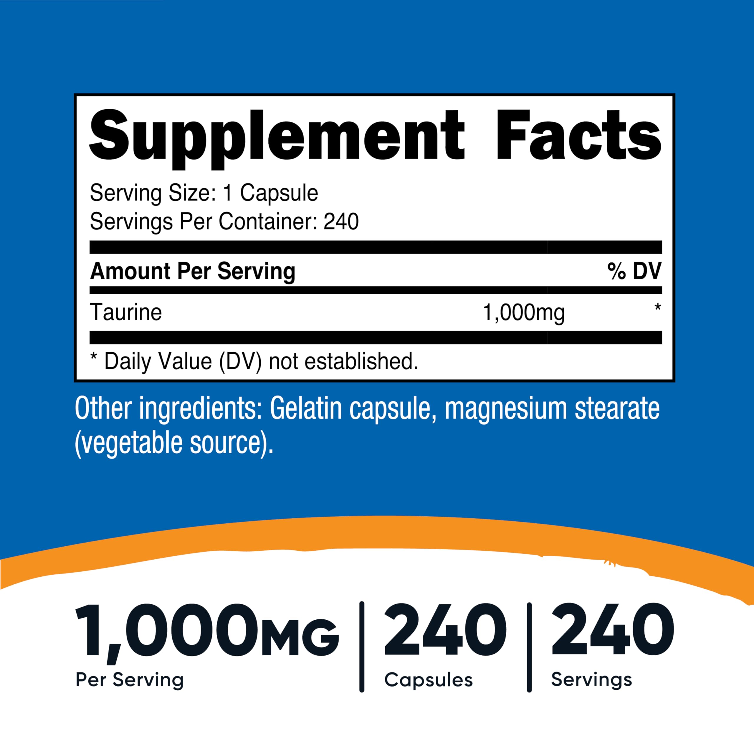 Nutricost Taurine 1000mg Capsules – 240 Count, Non-GMO & Gluten Free