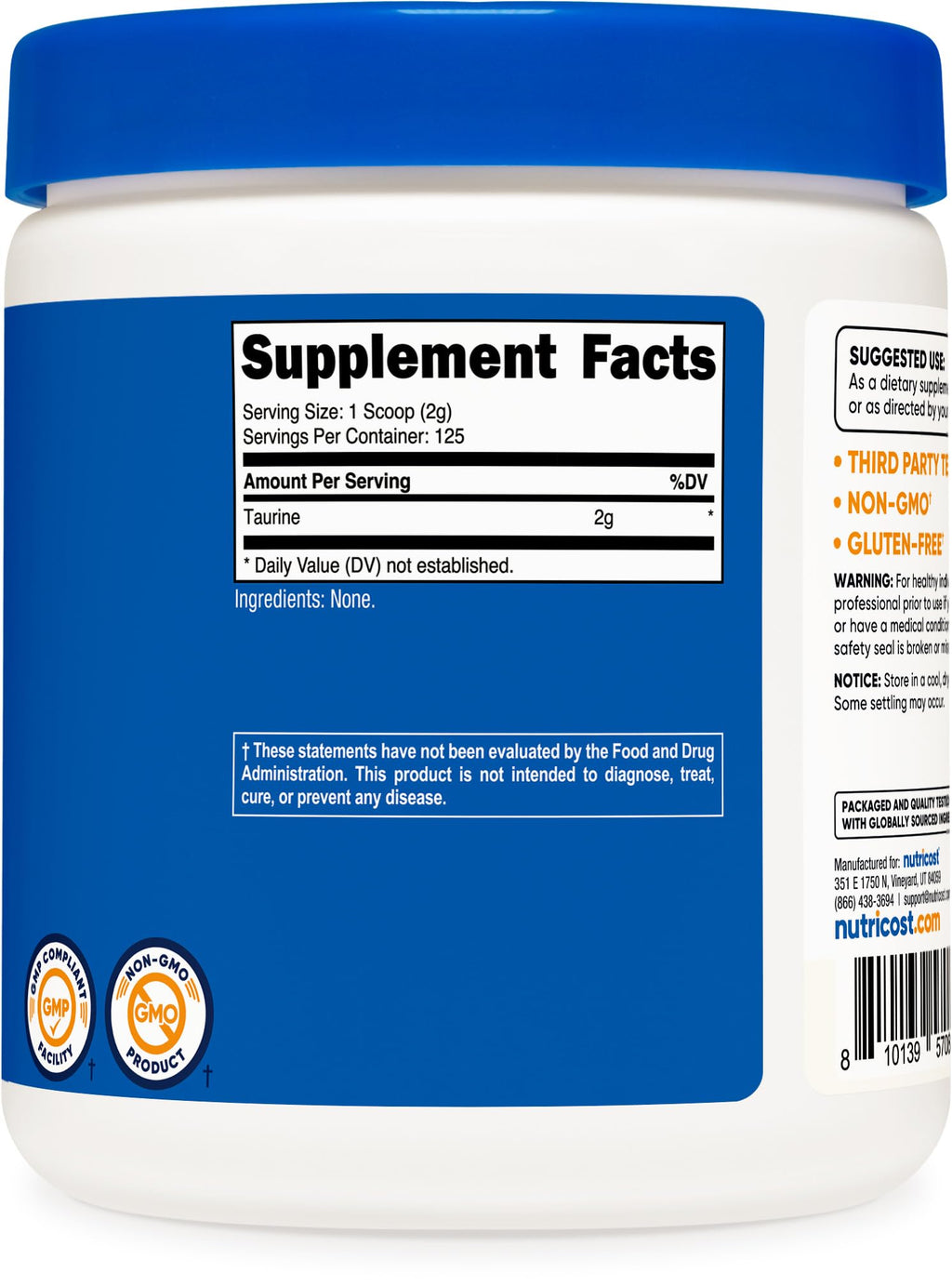 Nutricost Taurine Powder 250 Grams - 125 Servings, 2000mg Per Serving