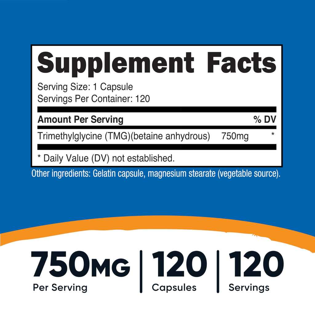 Nutricost TMG (Trimethylglycine) 750mg - 120 Capsules | Non-GMO, Gluten Free