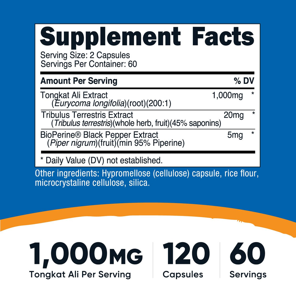Nutricost Tongkat Ali 1000mg - 120 Veg Capsules, Tribulus, BioPerine