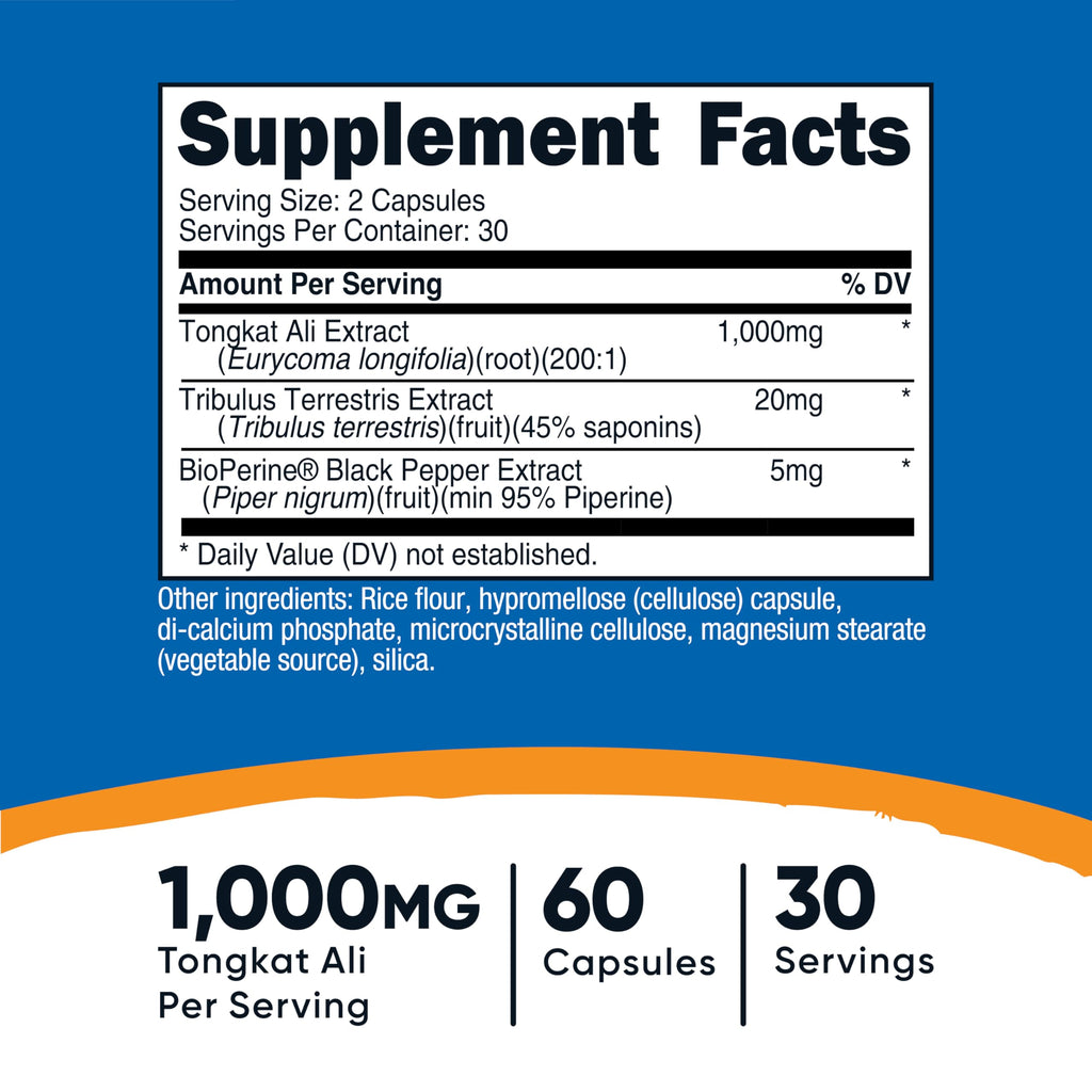 Nutricost Tongkat Ali 1000mg | 60 Vegetarian Capsules | Tribulus Terrestris + BioPerine
