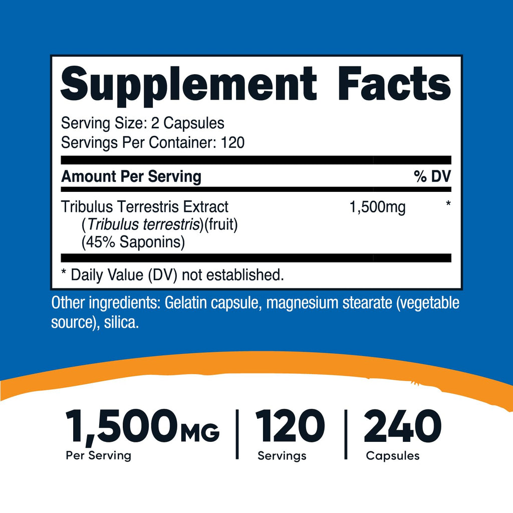 Nutricost Tribulus Terrestris 1500mg - 240 Capsules, 120 Servings, 45% Saponins, Non-GMO, Gluten Free