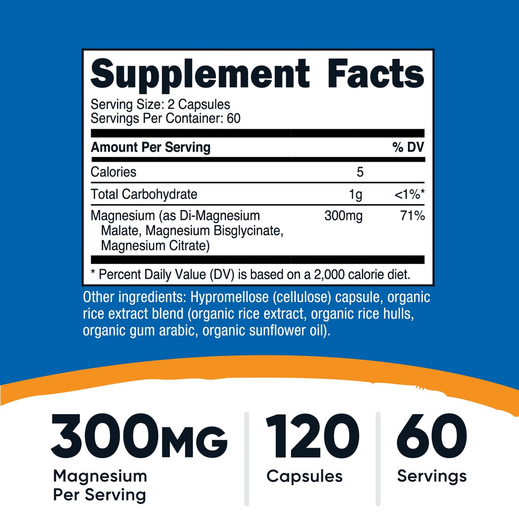 Nutricost Triple Magnesium Complex (300mg) - 120 Capsules, 60 Servings | Di-Mg Malate, Bisglycinate & Citrate