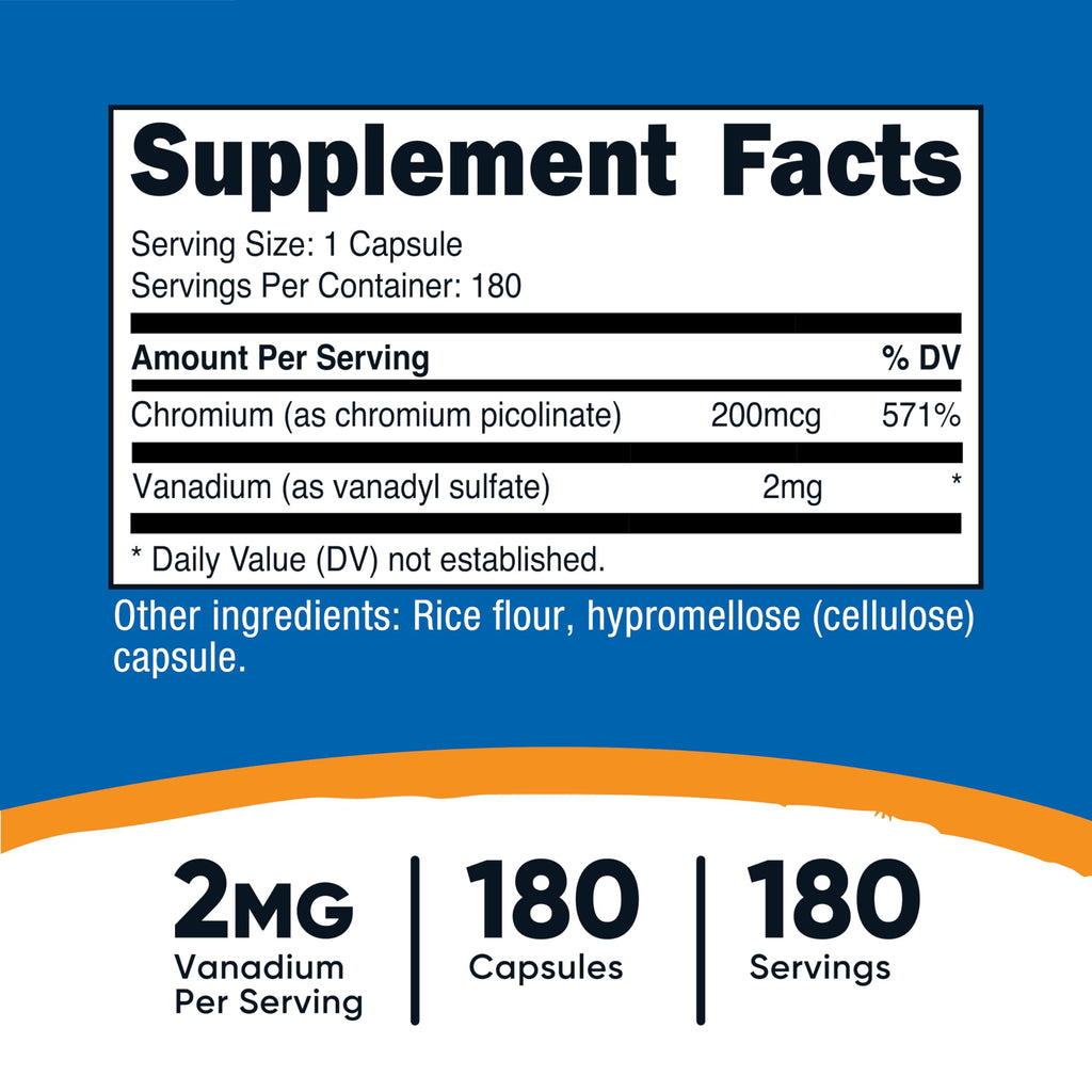 Nutricost Vanadium + Chromium 2mg - 180 Vegetarian Capsules | Gluten Free, Non-GMO Vanadium Supplement