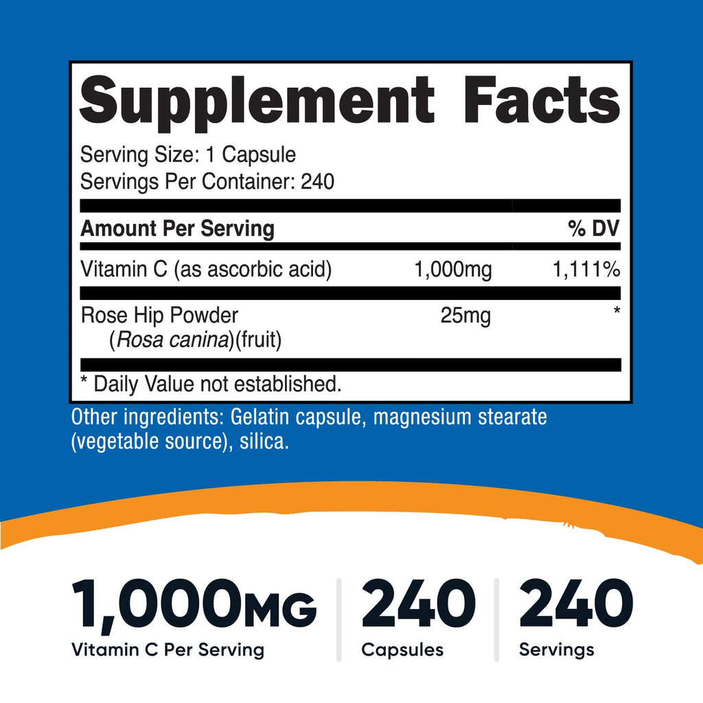 Nutricost Vitamin C with Rose Hips 1025mg – 240 Capsules | Vitamin C 1000mg, Non-GMO, Gluten Free