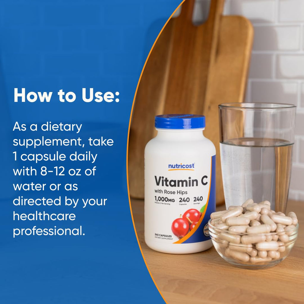 Nutricost Vitamin C with Rose Hips 1025mg – 240 Capsules | Vitamin C 1000mg, Non-GMO, Gluten Free